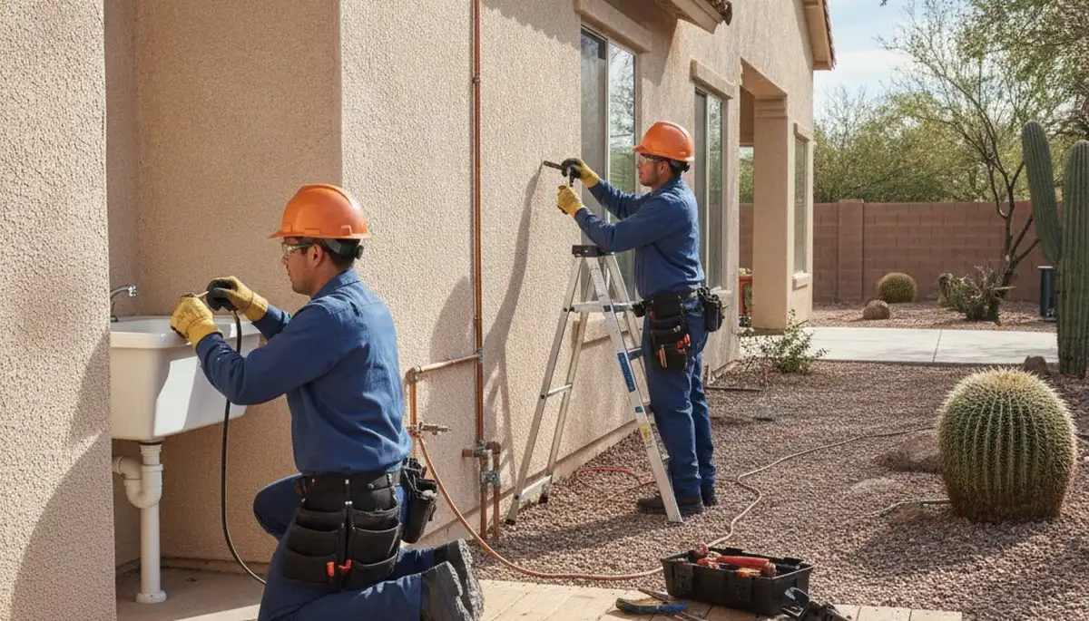 Phoenix, AZ plumbing repair technician servicing a residential pipe leak for Plumbers in Phoenix AZ