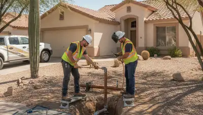 Phoenix, AZ plumbing repair technician servicing a residential pipe leak