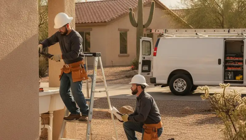 Phoenix, AZ plumbing repair technician servicing a residential pipe leak