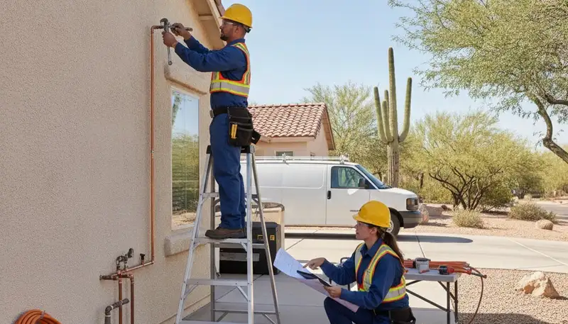 Phoenix, AZ plumbing repair technician servicing a residential pipe leak