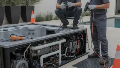 Spa repair technician servicing a home spa in Phoenix, AZ for On Call Plumbers