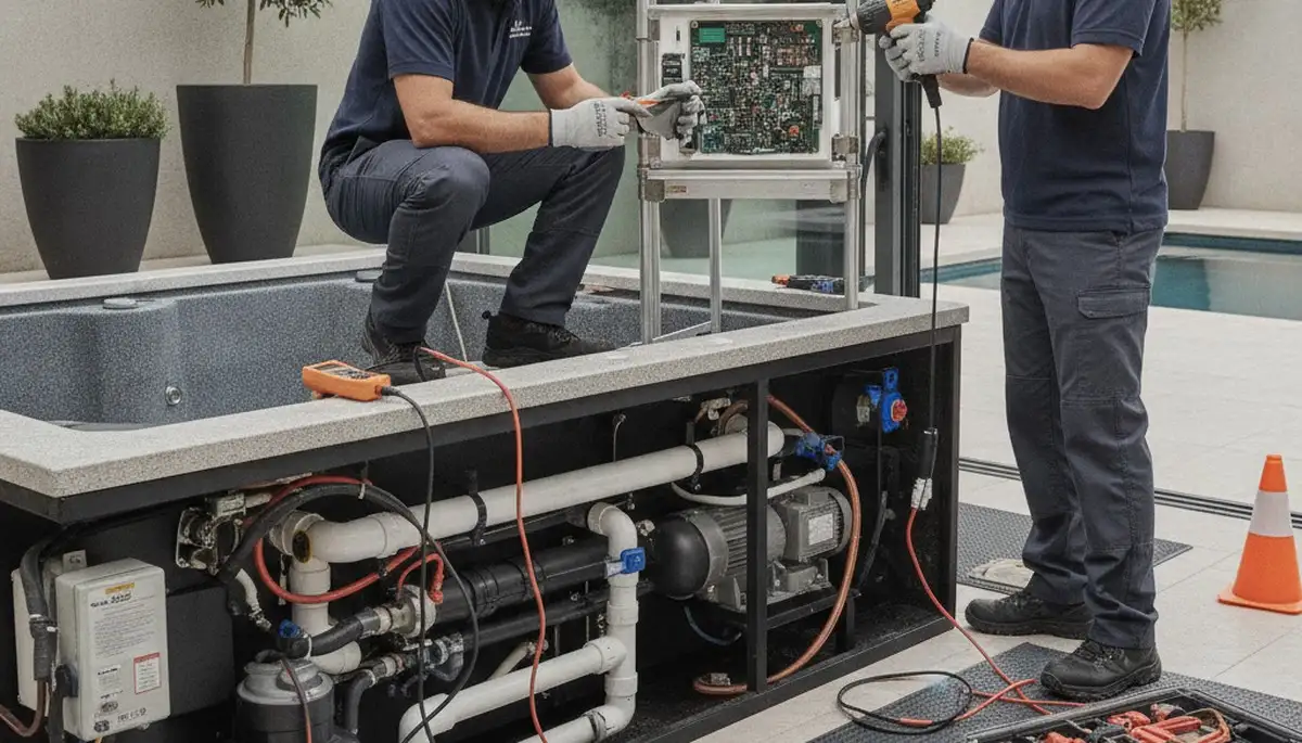 Phoenix, AZ plumber repairing a home spa for reliable spa repair service