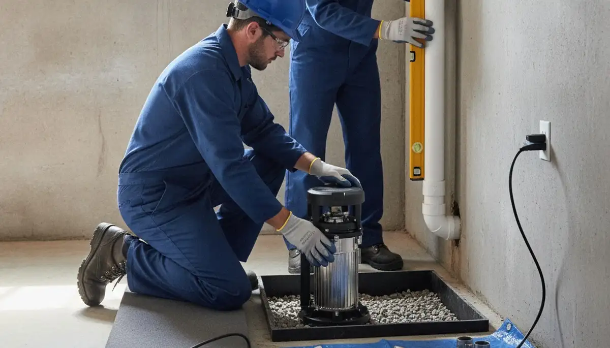Phoenix, AZ plumber installing sump pump for monsoon flood protection in a home utility area